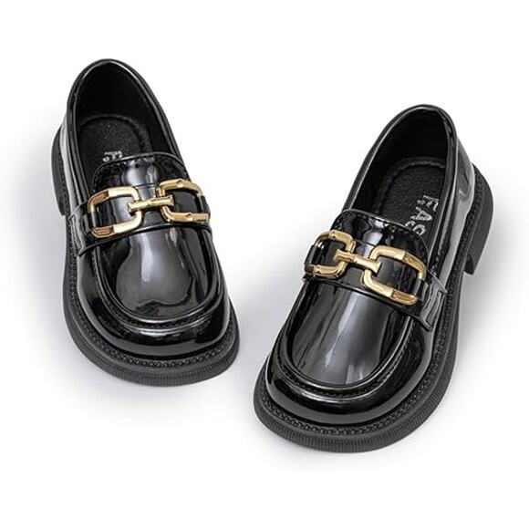 New Oamico Toddler Girls 13 Shiny Black Gold Buckle Slide On Loafer Dress Shoes - Picture 1 of 5
